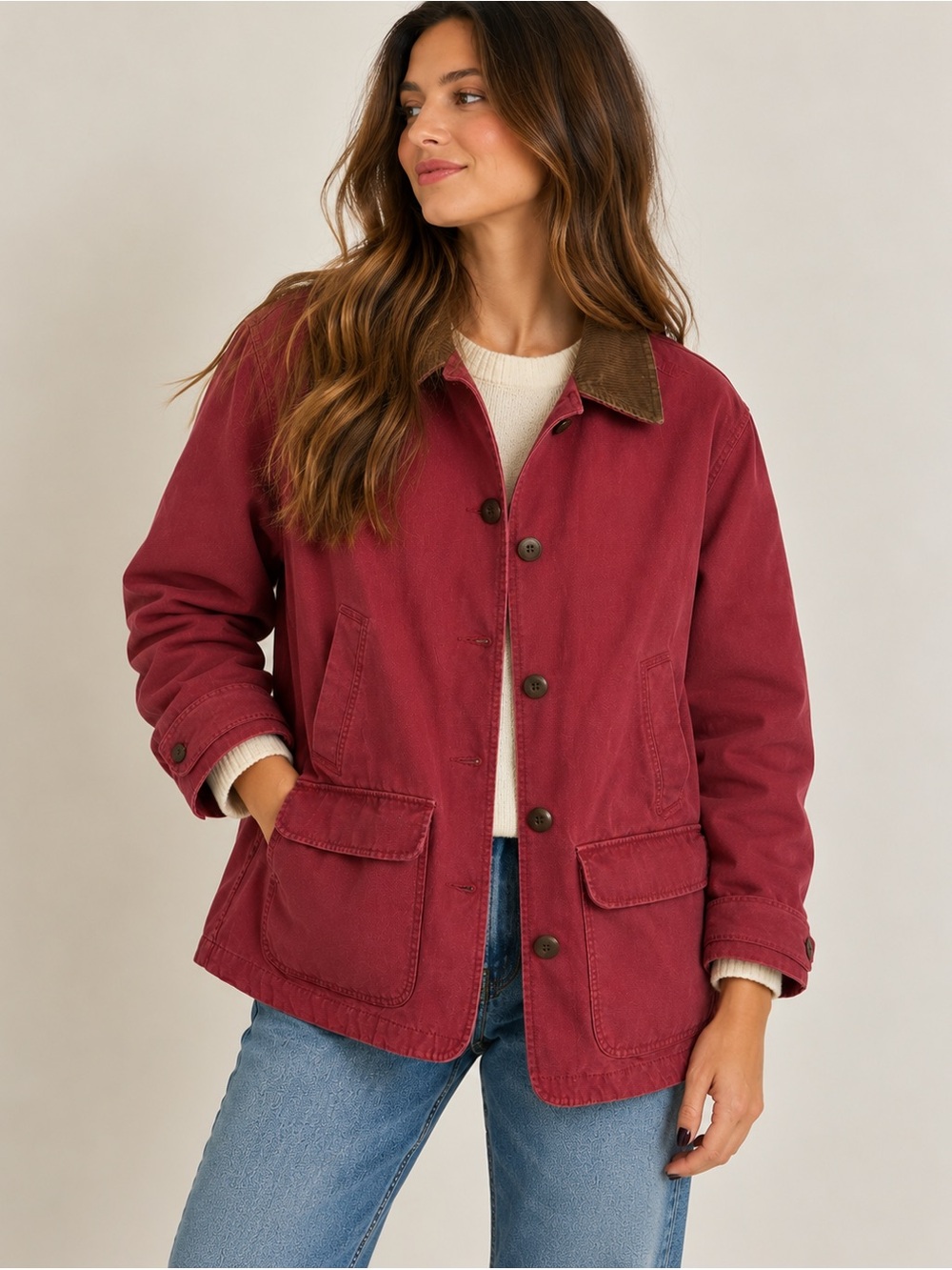 L.L.Bean Women’s Petite Large Barn Chore Jacket Corduroy Collar Red